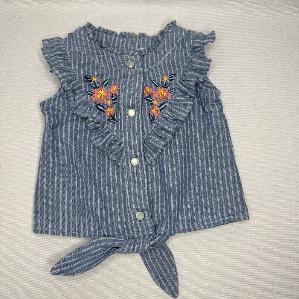 Little Lass Denim Striped Tie Tank Size 3-6 M Medium Wash w/ Embroidery Flowers